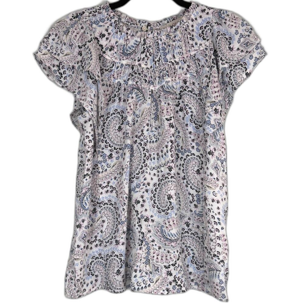 LOFT Paisley Ruffle Sleeve Blouse XS Boho Keyhole Neck Lightweight Top